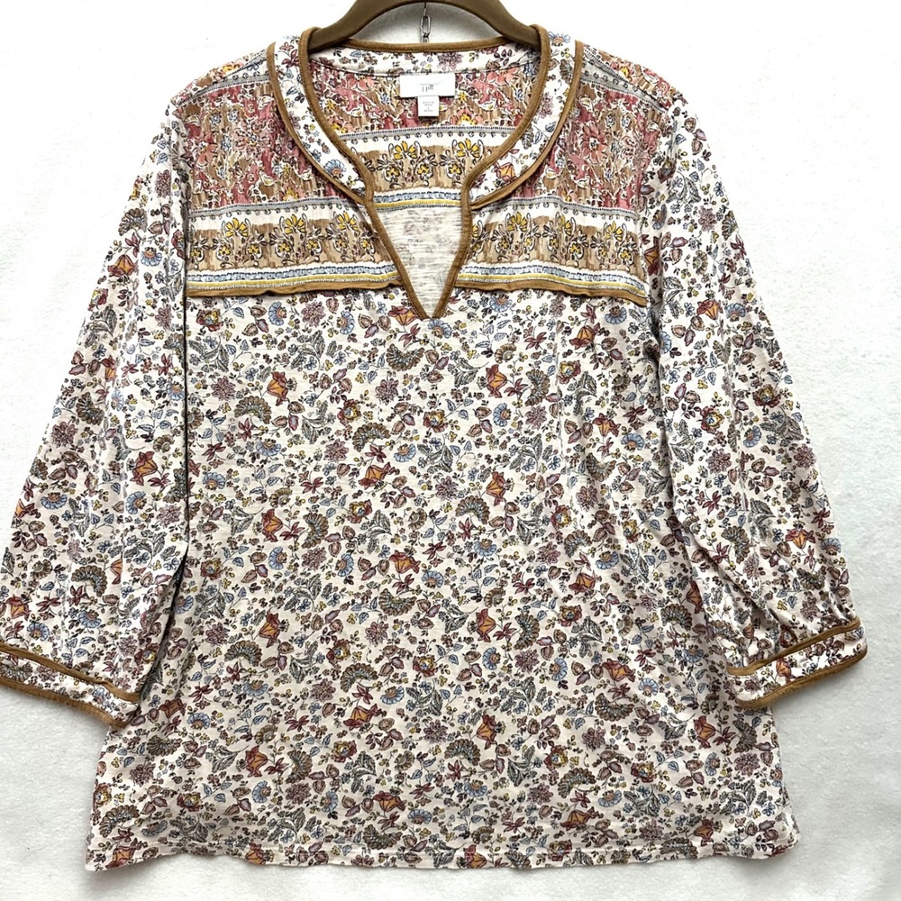 J. Jill LP Floral Split Neck Top Cotton Modal Cottagecore Large Petite Autumn